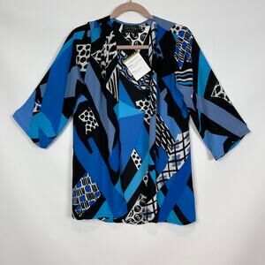Bob Mackie Womens Cardigan XS Blue Carnival Print Chiffon Open Front NWT